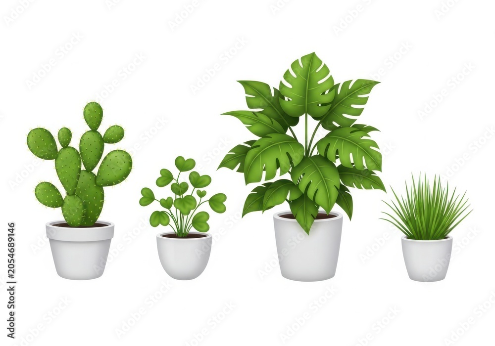 Fototapeta premium Four distinct potted indoor plants in white containers isolated on white background