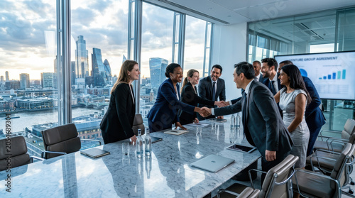 Business meeting handshake executive office agreement team city conference partnership, diverse corporate team shaking hand modern boardroom with skyline view, glass table, chart, professional