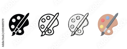 Creative art tools including paintbrushes and palettes in various styles from simple black white to colorful designs isolated on transparent background