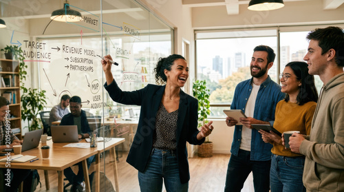 Female founder sketching office team glass startup planning woman brainstorming strategy