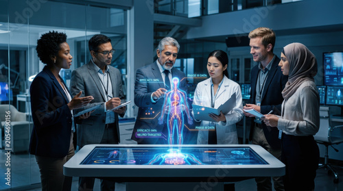 Medical representative doctor hologram healthcare technology team tablet anatomy discussion, diverse healthcare team reviewing hologram anatomy display with tablet modern clinic, focused
