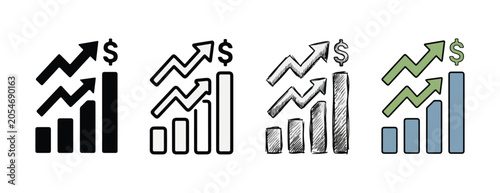 Financial growth charts showing increasing profits with arrows pointing up and dollar signs representing success in business investments and economic development