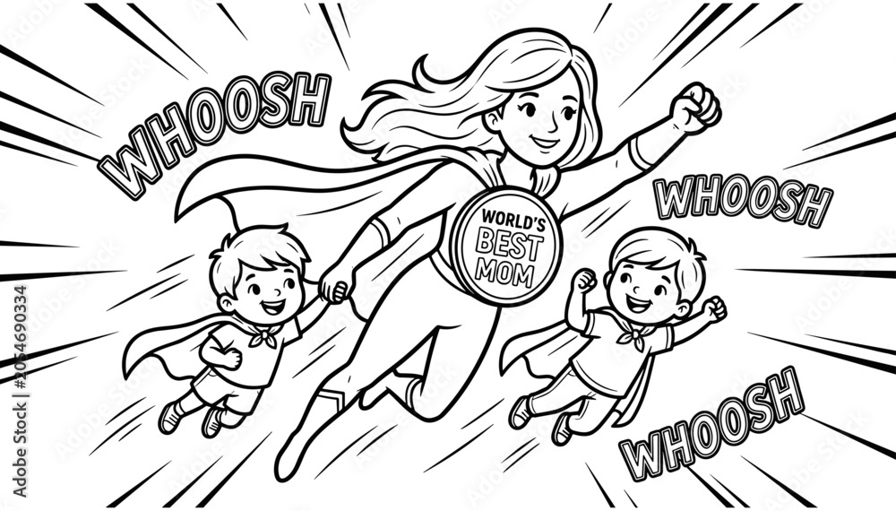 Obraz premium Super Mom and Children Flying Through The Air Coloring Page Featuring Heroic Family Members With Capes and World Best Mom Badge for Creative Activity