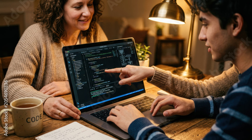 Mentor employee software guidance laptop code training office teamwork collaboration Mentor guiding employee software code using laptop during warm office training, teamwork, collaboration