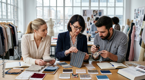 Retail buyer fabric textile swatch fashion design studio team meeting Retail buyer examining fabric swatch fashion design studio, focused team reviewing textile sample, color choice, pattern
