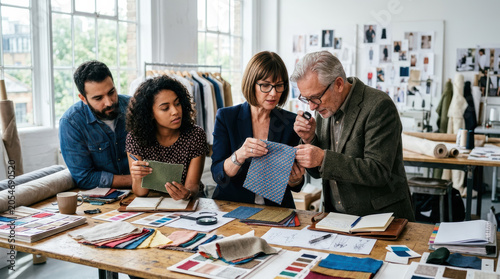 Buyer fabric textile retail sample design studio meeting team swatch Buyer fabric textile retail sample design studio meeting team swatch, focused group examining material table for fashion