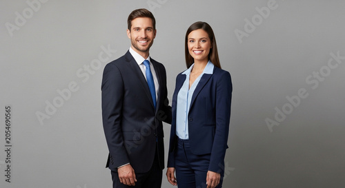 Smiling Business Professionals in Formal Attire Standing Together Against a Gray Background