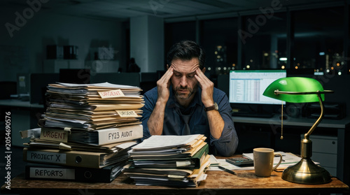 Stressed worker paperwork office desk folder report audit deadline lamp computer night