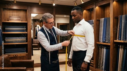Tailor measuring businessman suit fitting fabric shop, formal wear alteration with tape measure, menswear consultation in elegant wood interior, professional service