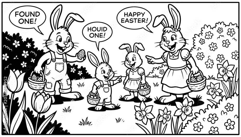 Naklejka premium A black and white line art illustration featuring a happy rabbit family enjoying an outdoor Easter egg hunt in a spring garden with blooming flowers and baskets