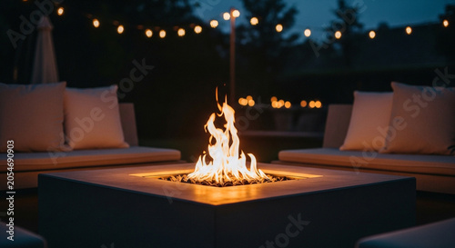 Cozy Outdoor Fire Pit Lounge Area at Dusk with String Lights