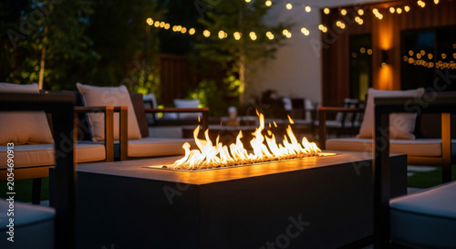 Outdoor Patio Fire Pit with String Lights at Dusk