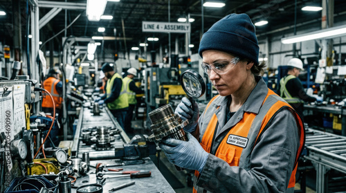 Factory woman inspection manufactured part assembly worker safety goggle glove factory woman inspection manufactured part assembly line, focused worker wearing safety goggle and glove checking
