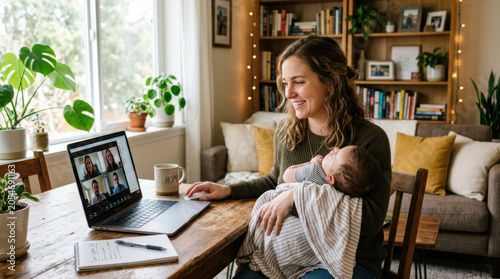 Worker baby video conference laptop mother home office remote work smiling mother holding baby during video conference on laptop in cozy home office with plant, notebook, sofa, shelf, and window