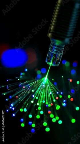 A vibrant green laser beam illuminates a bundle of colorful fiber optic cables in darkness