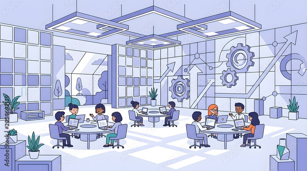 Obraz premium Modern business workspace illustration featuring diverse teams, data analytics, and growth symbols in an open-plan office.