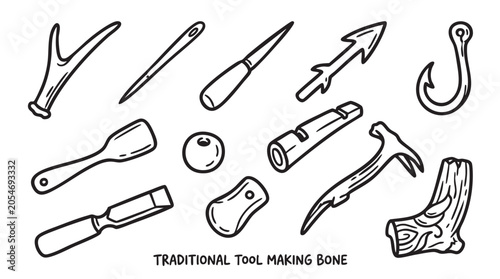 Set of primitive tools crafted from bone featuring ancient hunting weapons and survival equipment in minimalist line art.