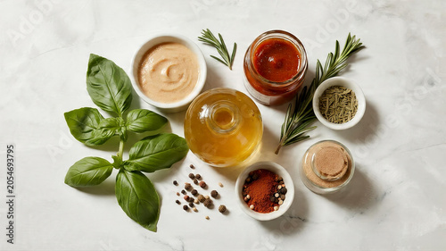 Culinary Herbs Spices and Artisan Sauces Flat Lay