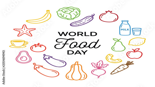 Фотография Vegetables and fruits arranged in a circular design surround the text World Food Day