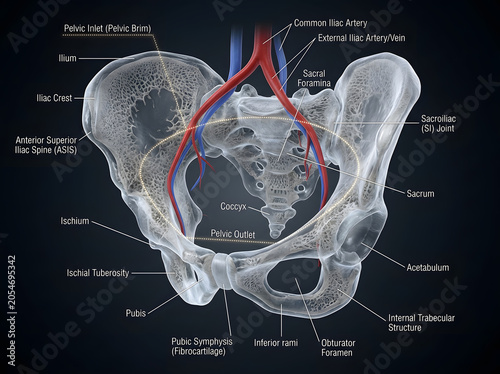 Human pelvic girdle anatomy with arterial blood supply and pelvic bones, circulatory