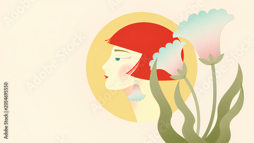 Art Deco woman in profile with red hair, flowers, and a yellow sun.