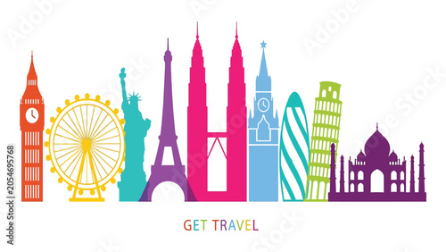 Travel icons featuring colorful global landmarks are displayed in a flat vector art style.