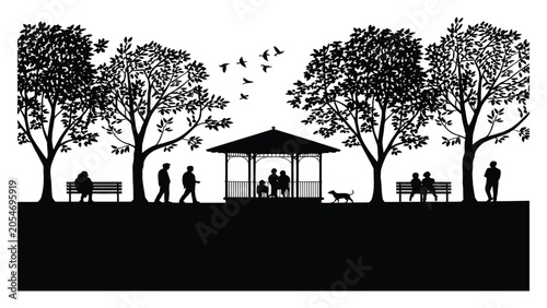 Tableau sur toile Park landscape silhouette shows people relaxing near a gazebo under stylized trees