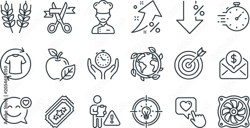 Fototapeta premium Business marketing sustainability and culinary vector thin line icons set for web infographic presentations