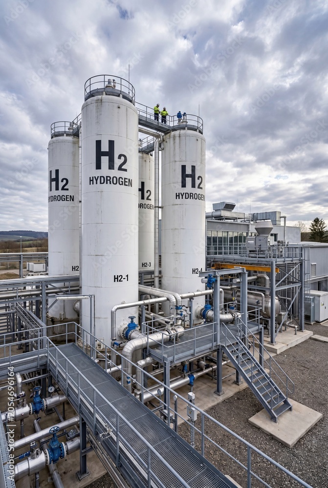 Obraz premium Hydrogen storage tanks at industrial facility clean energy concept