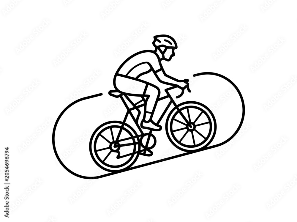 Fototapeta premium Black line art vector: Cyclist riding bicycle with helmet illustration