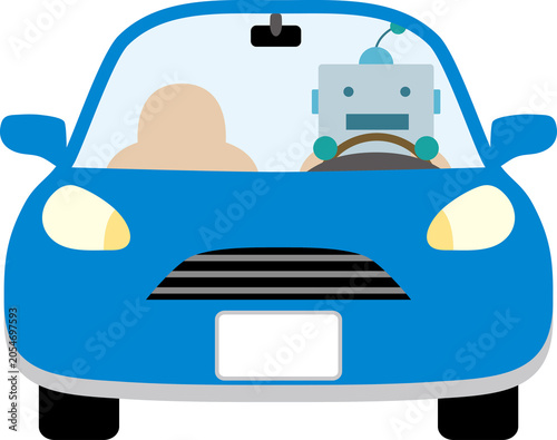 自動運転車を運転するAIロボットのイラスト