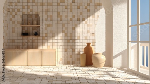 Sunlit interior space features textured tile walls and natural wood cabinetry beside a large window overlooking the sea