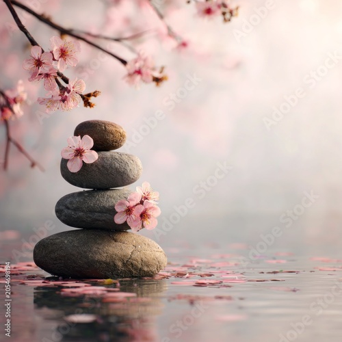 Stacked smooth stones adorned with delicate pink blossoms rest near still water with floating petals.