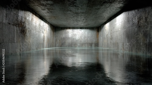 Empty subterranean room features wet concrete walls and a reflective water surface on the floor