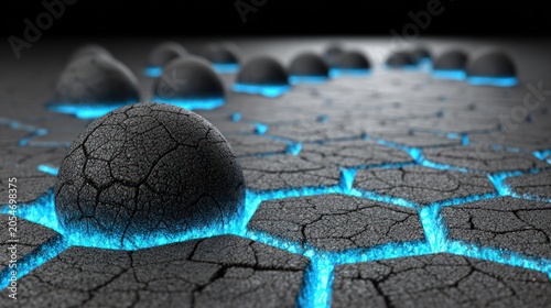 Dark cracked spherical structures rest upon a glowing hexagonal grid surface