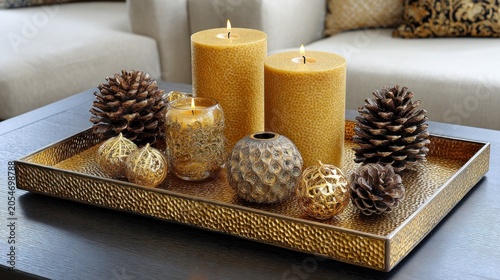 Decorative arrangement of golden pillar candles and natural accents rests upon a hammered metal tray indoors