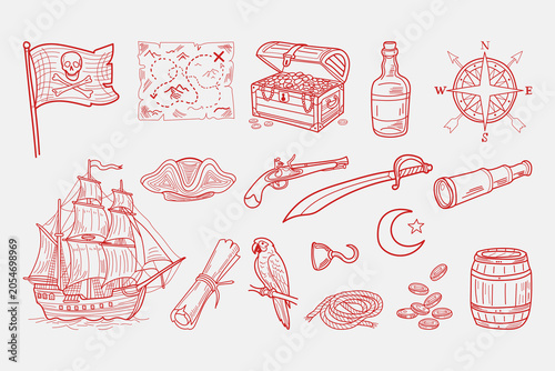 Pirate Adventure Elements Set – Hand Drawn Vintage Nautical and Treasure Hunt Vector Collection