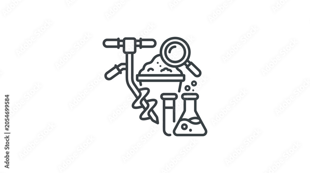 Fototapeta premium Soil analysis icon with auger, microscope, and test tubes.