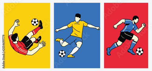 Football Player Action Poster Set,  Soccer flat vector illustrations of three athletes in various dynamic poses including a bicycle kick for sports tournament and event design templates	