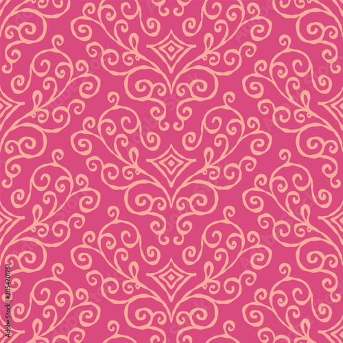 Pink Ornate Swirling Damask Motif Pattern