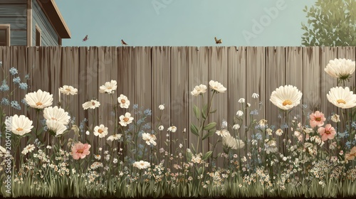 Lush border of white and pink wildflowers grows vibrantly against a weathered wooden barrier under a bright sky
