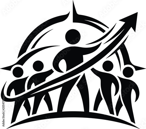 Schilderij op canvas Black and white graphic of a team of people moving upwards with an arrow indicat