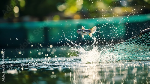 Trout fish jumping out of water towards a fishing net during a sunny day in a professional fish farm pond