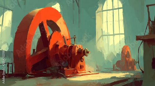 Large industrial flywheel apparatus sits prominently within a dimly lit factory space illuminated by tall windows.