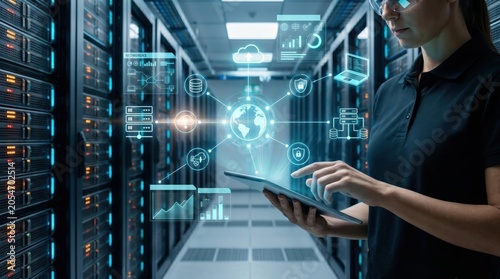 Female IT specialist in server room using tablet to manage cloud computing and data center networks, holographic interface showing analytics and security systems