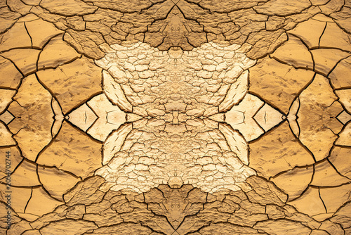 Foto A seamless natural texture of cracked clay in brown and beige colors, arranged in a symmetrical, kaleidoscopic pattern