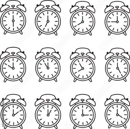 “Flat Alarm Clock Icons Set | Line Style Vector Pack for Time Management and Productivity UI”