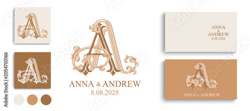 AA wedding crest monogram featuring intertwined decorative letters. Elegant logo design for weddings, invitations and event branding.