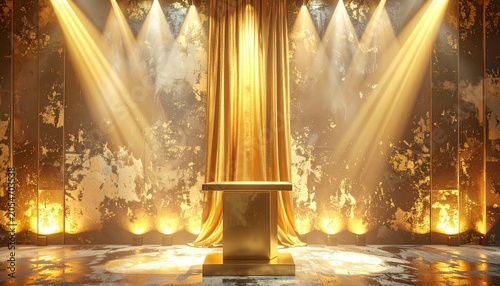 A stunning golden stage with dramatic lighting and elegant drapes, creating a luxurious and vintage atmosphere.