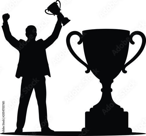 Foto Silhouette of a jubilant man holding a small trophy aloft with a large trophy be